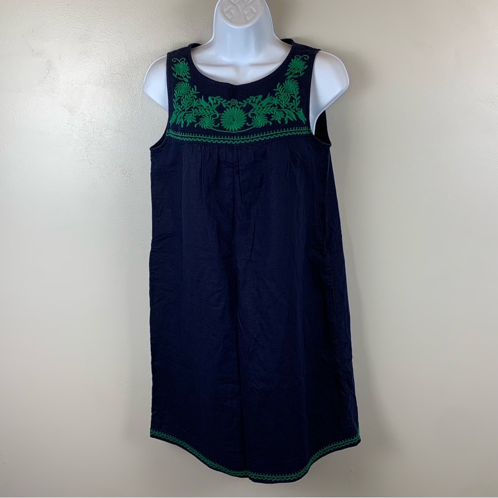 J‎ Crew Dress Women’s Size XS Navy With Green Embroidery Sleeveless Linen Cotton